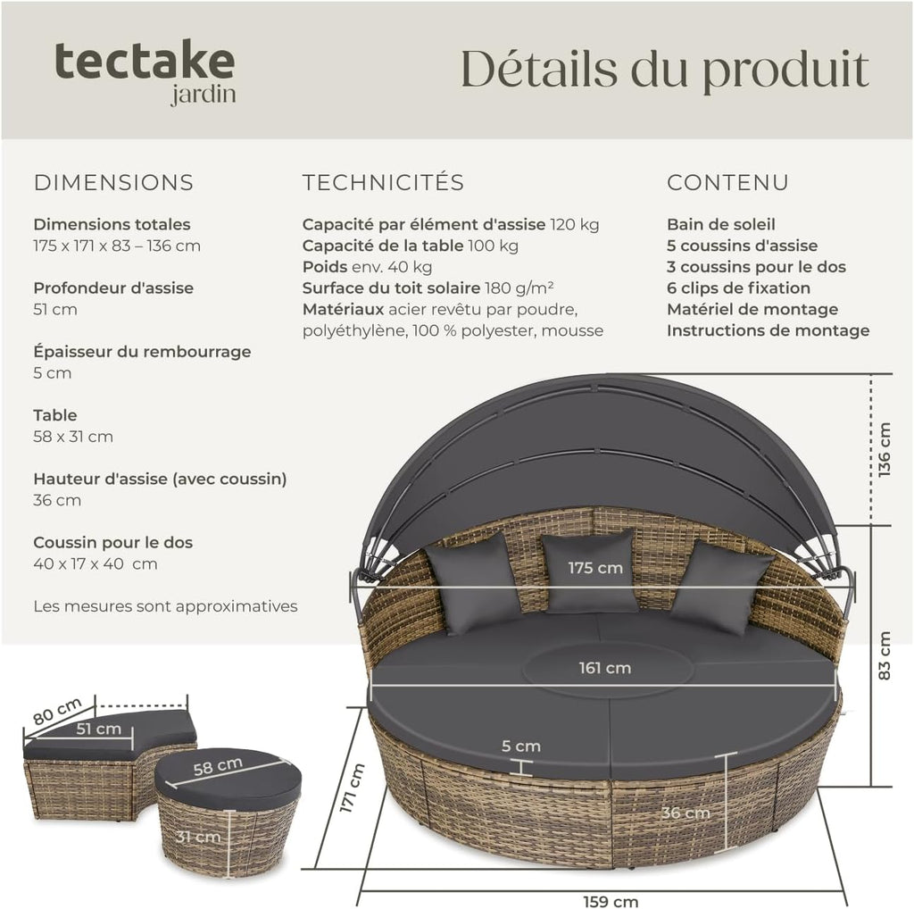 tectake Bain de soleil Salon de jardin exterieur Modulable en Résine tressée avec Pare Soleil Pliable, Coussins Inclus, Chaise longue Relax Mobilier de Jardin pour Amenagement Balcon Terrasse Veranda