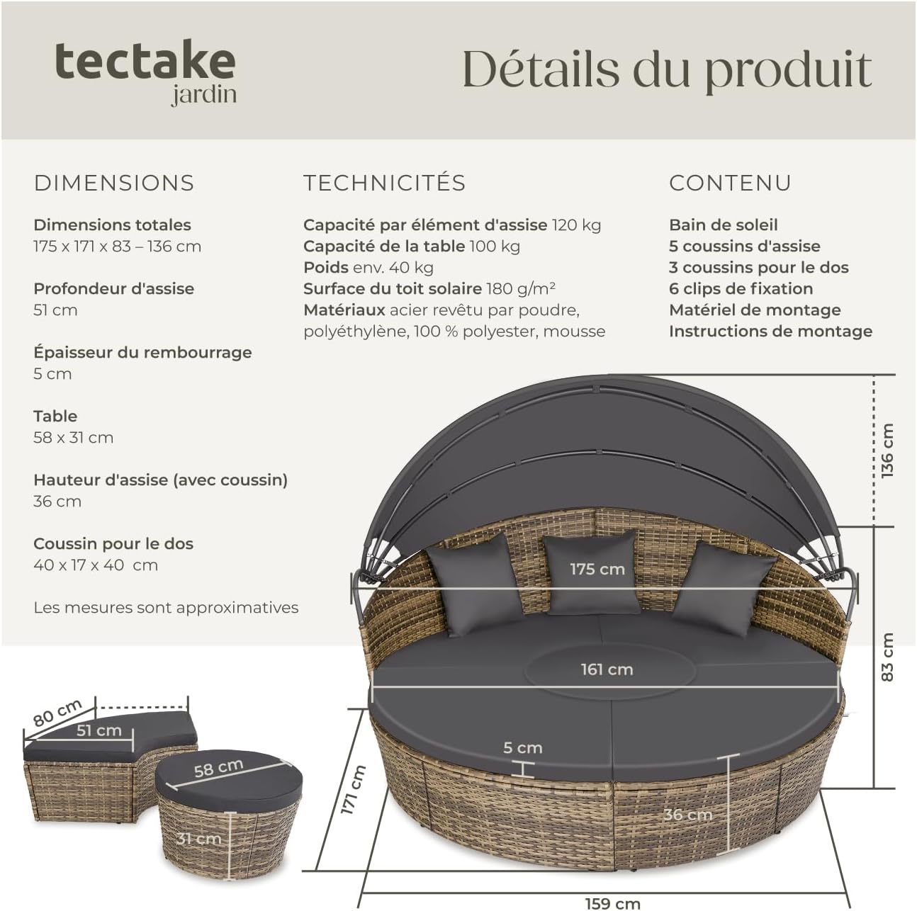 tectake Bain de soleil Salon de jardin exterieur Modulable en Résine tressée avec Pare Soleil Pliable, Coussins Inclus, Chaise longue Relax Mobilier de Jardin pour Amenagement Balcon Terrasse Veranda