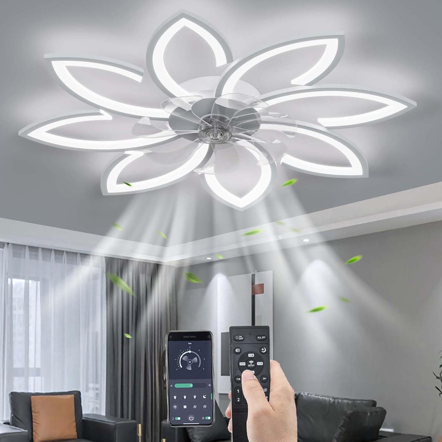YUNZI Sourdine Ventilateur de Plafond avec lumière avec télécommande, LED Dimmable Lampe de Plafond Moderne Ventilateur de Plafond pour Salon Chambre à Coucher, Réglable 6 Vitesses, Blanc 90CM