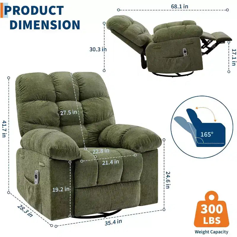 Massage Recliner Chair with Heat - 360 Swivel Rocker, Oversized Single Sofa w/ Vibration, USB & Storage Pockets for Living Room/Bedroom