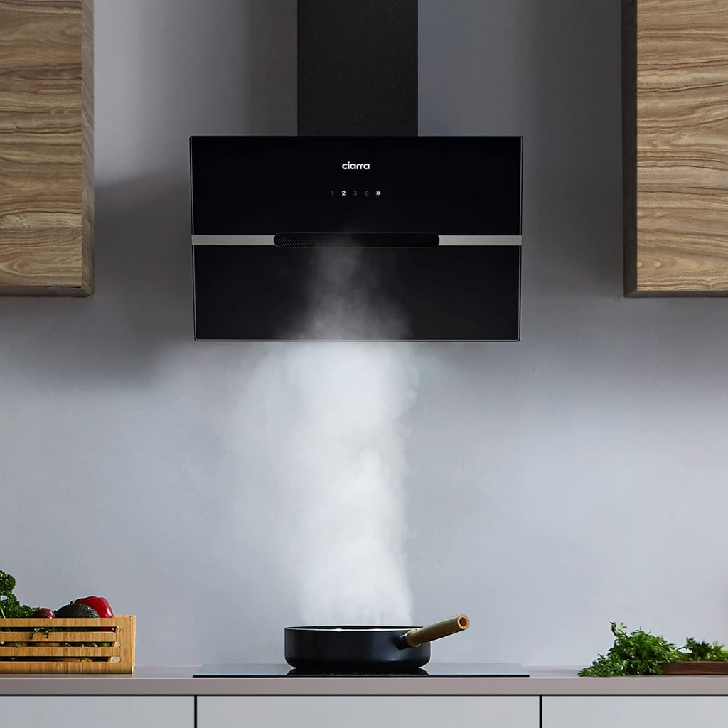 Ciarra CBCB6736F Classe A+++ Hotte Aspirante Inclinée 60cm - 650m³/h - Commande Tactile & Wi-Fi - Fonction Boost - Design en Verre Élégant - Noir