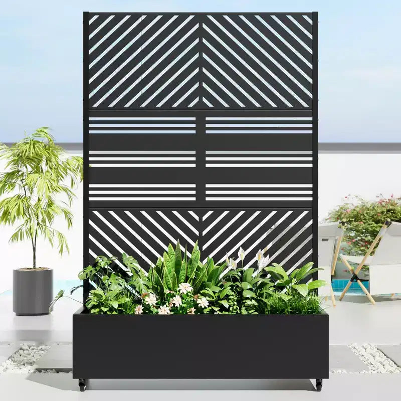 MAYEERTY Planter Box with Trellis Iron Black Parallel Line 01 Louvered Classic Combined Style 72x47x16in 3-Piece Set