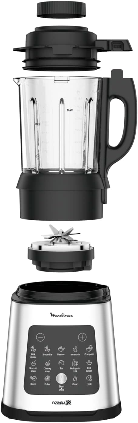 Moulinex Perfectmix Cook blender chauffant à haute vitesse, 10 programmes automatiques, 1400 W, YY5607FG, Noir et Transparent, Métal