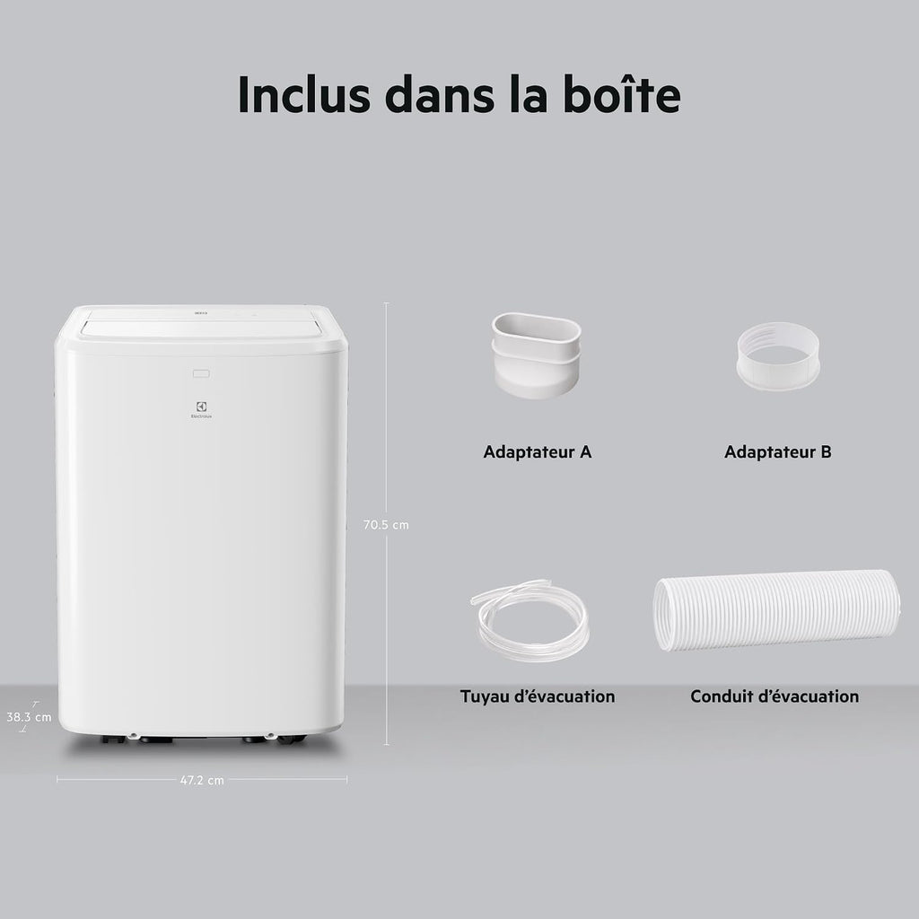 Electrolux Climatiseur Mobile 9000 BTU Silencieux, Clim Portable 3-en-1 R290 2,6 kW, Déshumidificateur et Ventilateur, WiFi, Télécommande, Blanc, Classe Énergétique A, Modèle EXP26U339AW