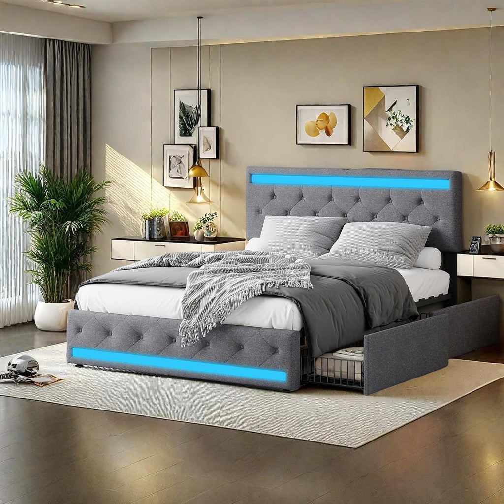 Lit double rembourré 140 x 190 cm avec 4 tiroirs, sommier à lattes, éclairage LED et ports USB, tête de lit réglable