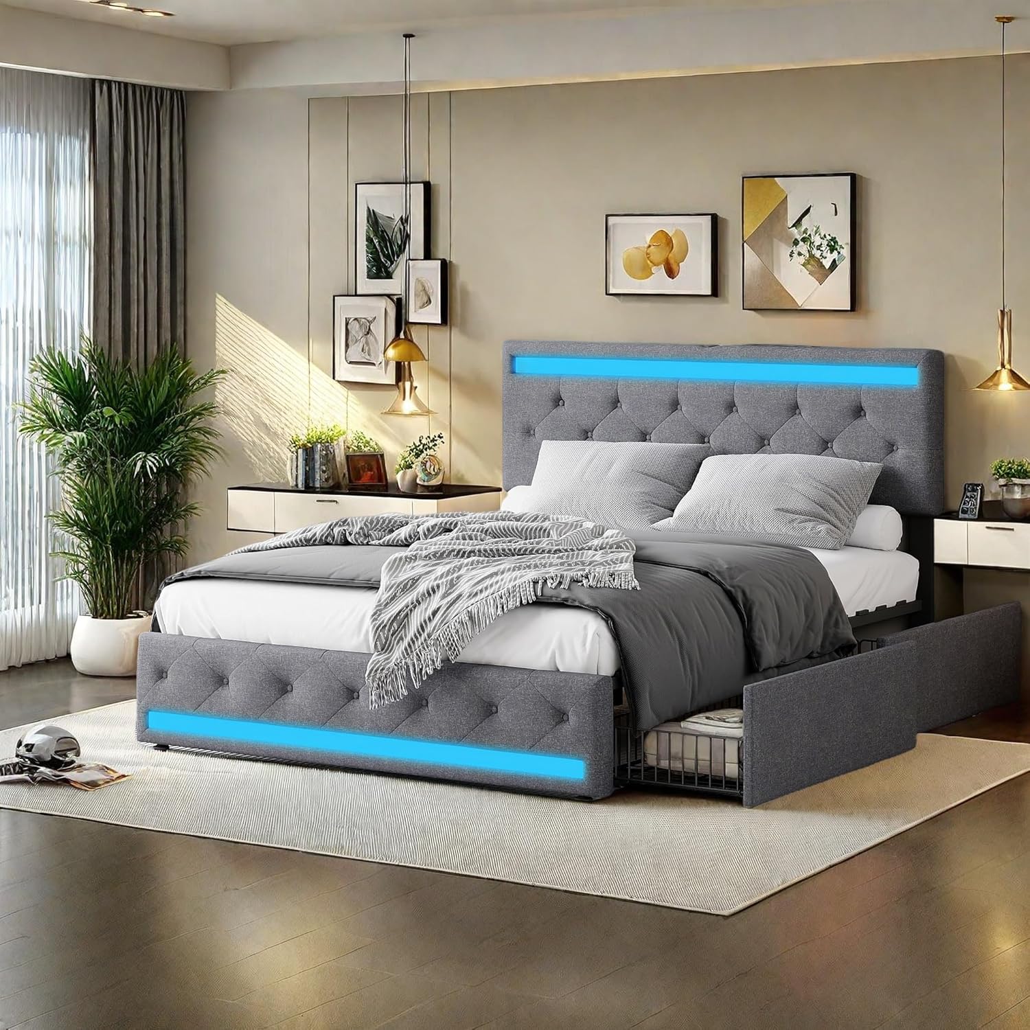 Lit double rembourré 140 x 190 cm avec 4 tiroirs, sommier à lattes, éclairage LED et ports USB, tête de lit réglable