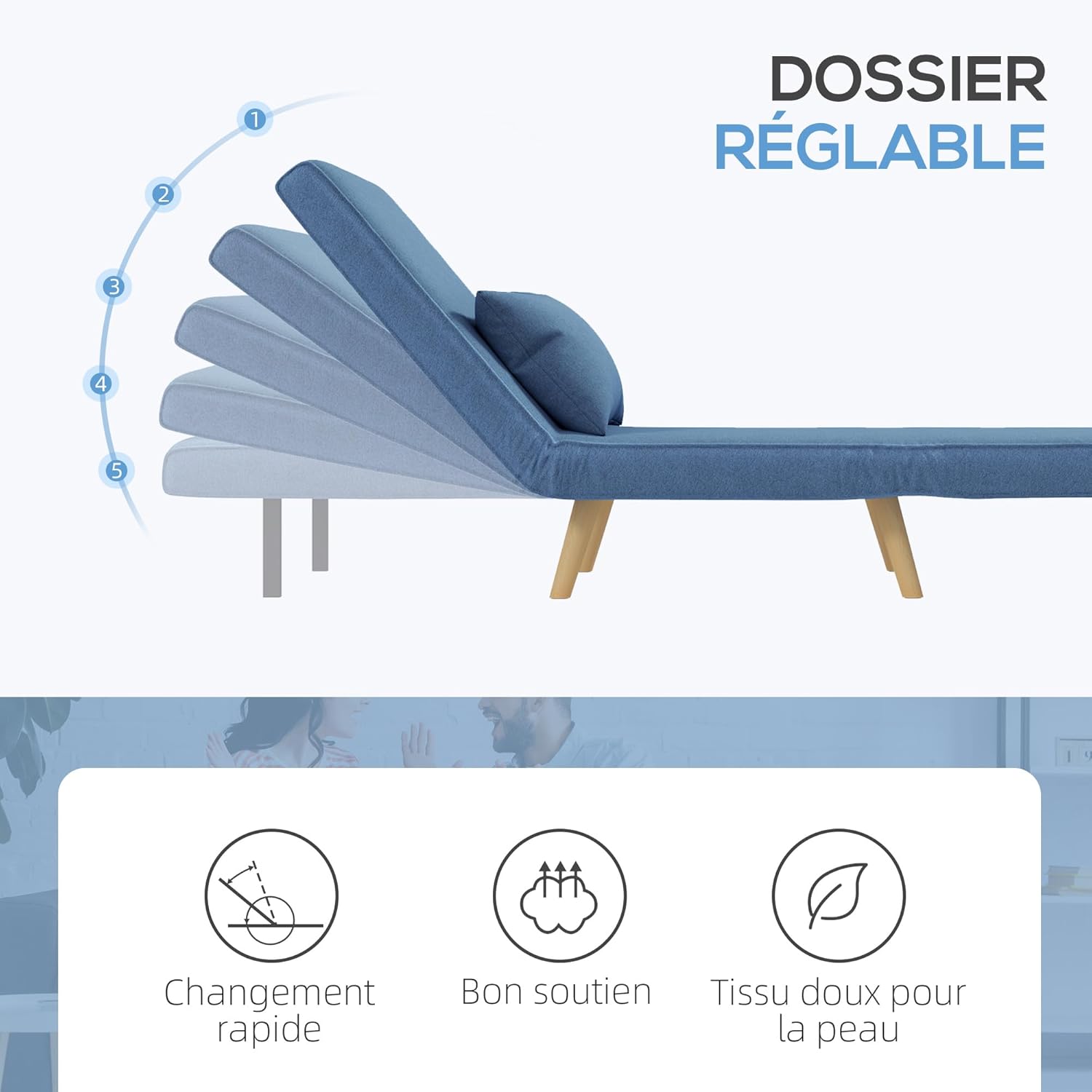 HOMCOM 3 en 1 Fauteuil Convertible 1 Place, Fauteuil lit et chauffeuse - Dossier inclinable 5 Niveaux et Oreiller Inclus, siège rembourré - pour Bureau, Salon, Chambre à Coucher, Bleu