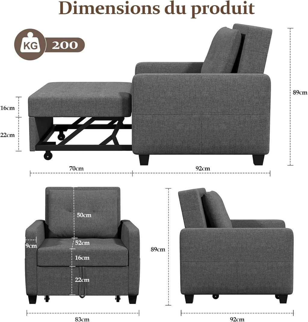 Canapé-lit Compact 3-en-1, canapé Pliant & ottomane avec Fonction lit, Fauteuil Convertible jusqu'à 200 kg, canapé-lit avec revêtement Effet Lin, Fauteuil pour Salon et Chambre d'amis, Gris foncé
