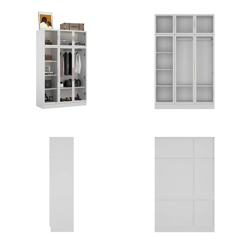 47.2 Wide Armoire LED Light All Glass Door Closet Cabinet Wardrobe