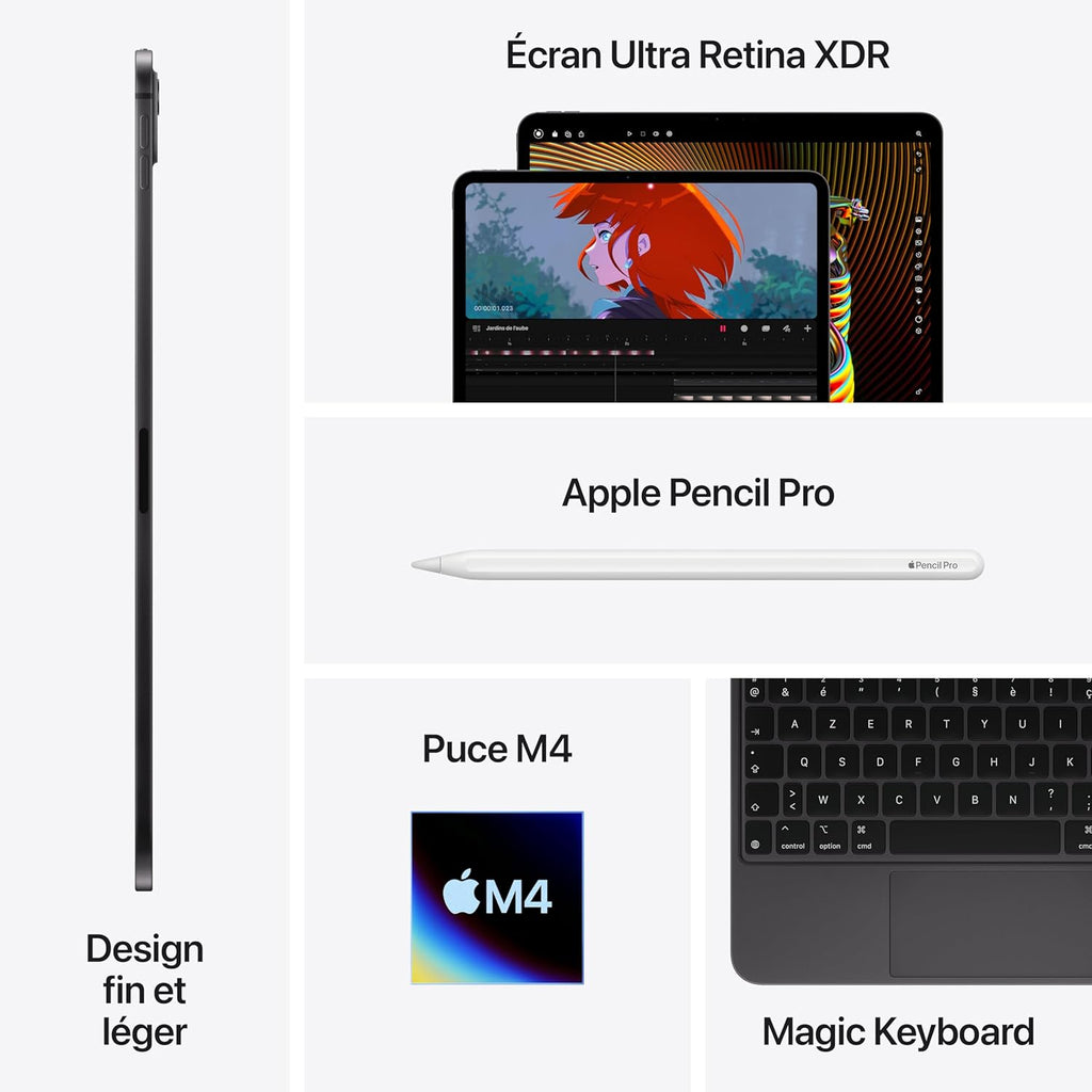Apple iPad Pro 11 (M4) : Écran Ultra Retina XDR, 512 Go, Caméra Avant 12 Mpx Horizontale/Appareil Photo arrière 12 Mpx, Scanner LiDAR, Wi-FI 6E, Autonomie d’Une journée, Verre Standard - Argent