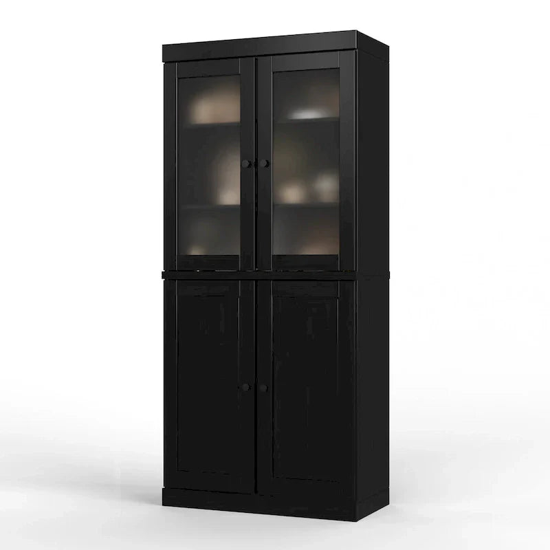 100% Solid Wood Pantry Cabinet with Frosted Glass Doors, Solid Doors, 2-Drawers and Adjustable Shelves