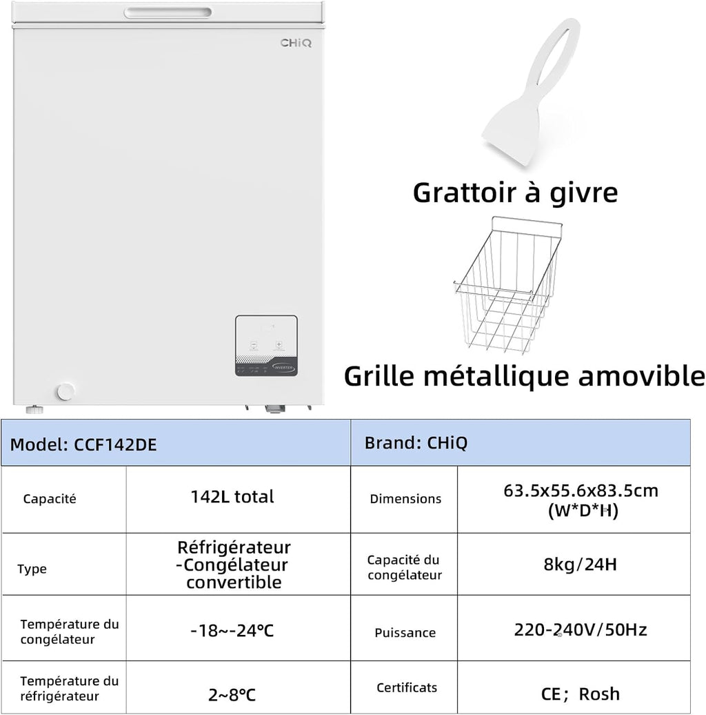 Congélateur coffre CHiQ 142L, 63,5 x 55,6 x 83,5cm, Congélateur Inverter, Affichage de la température extérieure, Mode de congélation rapide -32℃, Grille métallique,Faible bruit