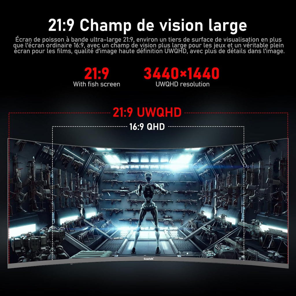 Gawfolk Écran PC Ultra Large 34 Pouces 1000R incurvé 180Hz Gaming Computer Moniteur 21:9 UWQHD (3440x1440),1ms,100% sRGB,Adaptive Sync,Display Port、HDMI,Fonction de Levage,Compatible avec Mural -Noir