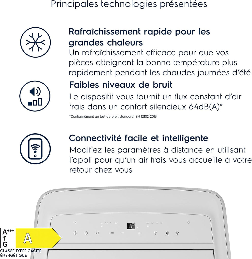 Electrolux Climatiseur Mobile 9000 BTU Silencieux, Clim Portable 3-en-1 R290 2,6 kW, Déshumidificateur et Ventilateur, WiFi, Télécommande, Blanc, Classe Énergétique A, Modèle EXP26U339AW