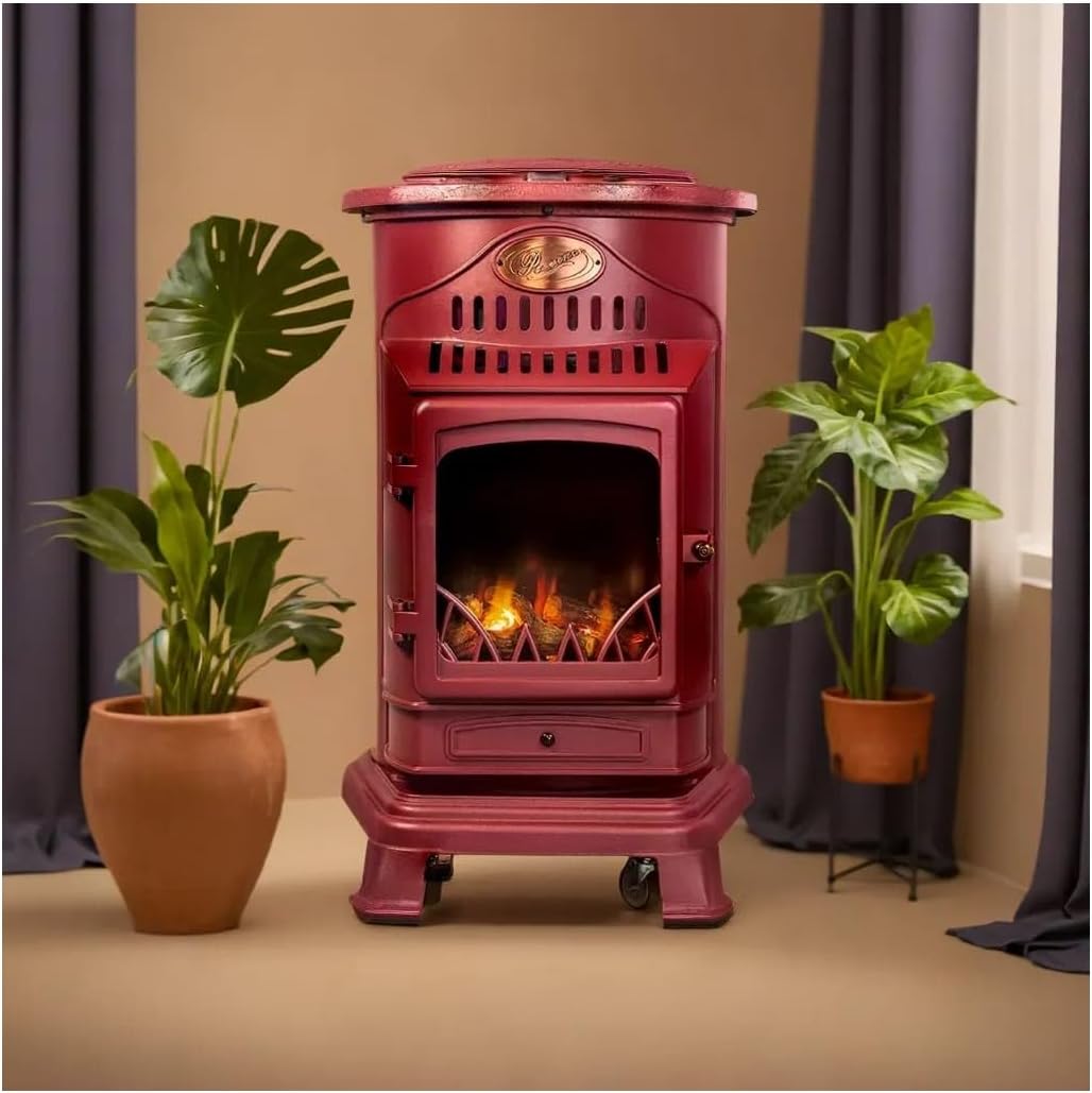 Universal poêle à gaz Provence 3,4 kW rouge, effet poêle à bois en fonte véritable, chauffage d’appoint avec tuyau gaz et détendeur