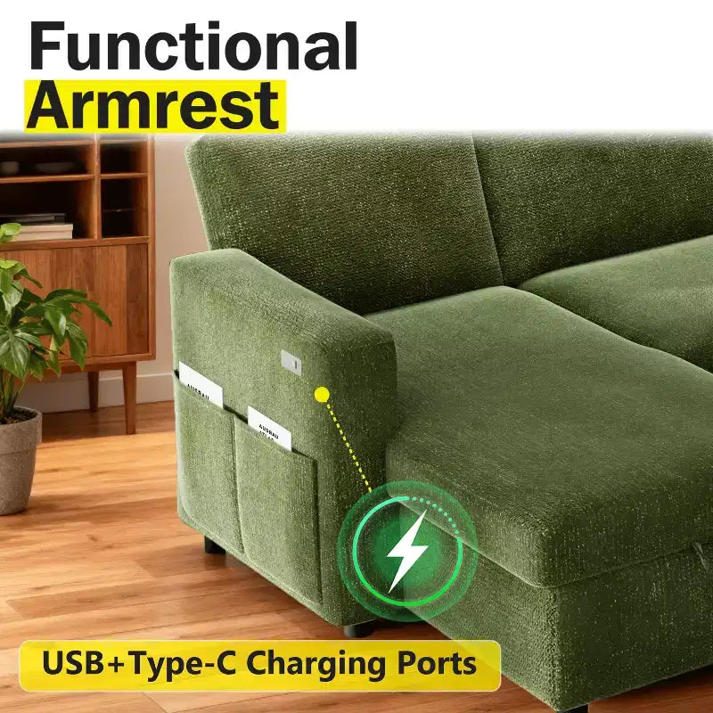 Dyonery 81 Sectional Sleeper Sofa, L-Shaped Pull Out Couch with Reversible Storage Chaise, USB, Reclining Backrest