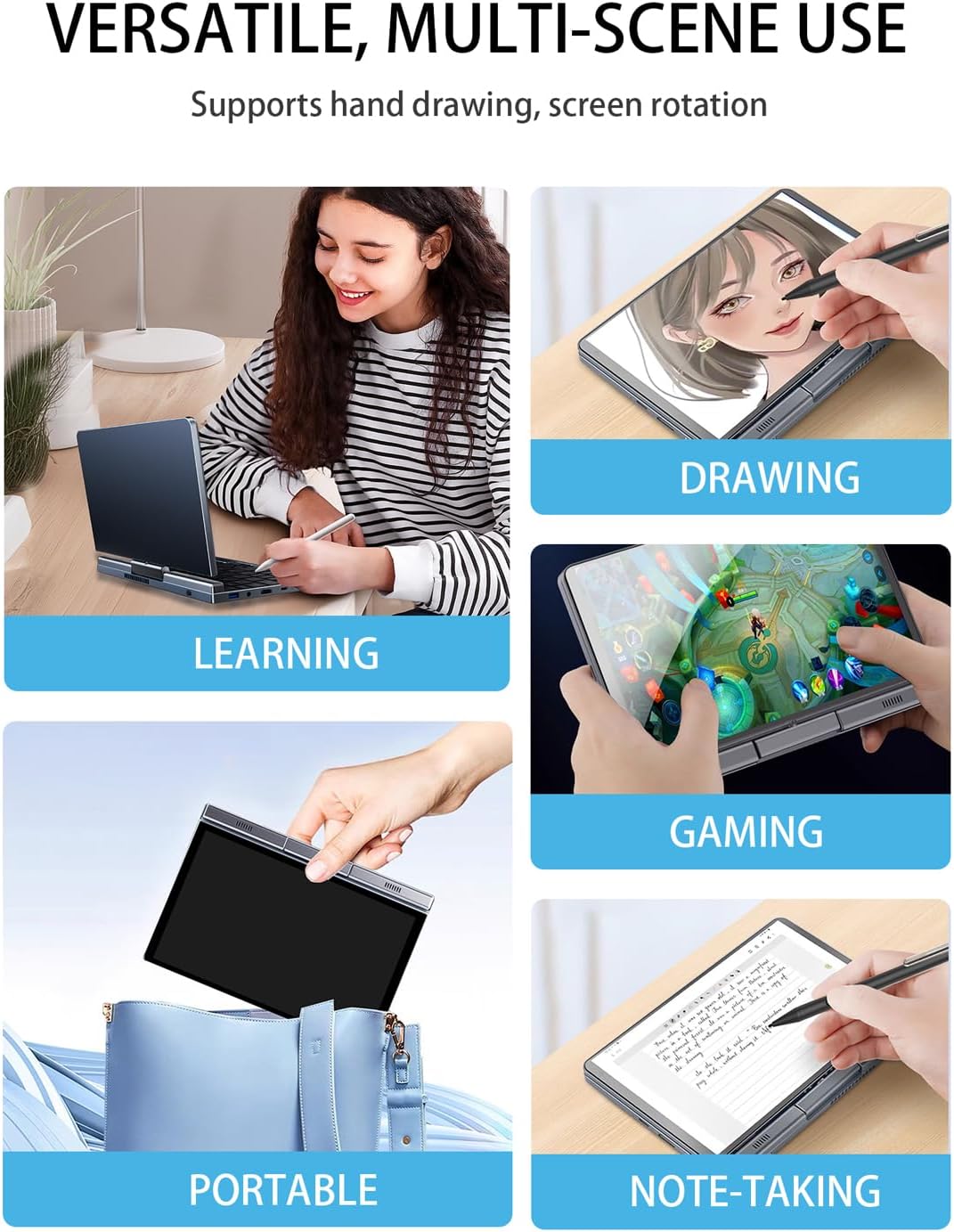 Mini Ordinateur Portable 2 en 1 de 20,3 cm, écran Tactile Rotatif HD, Prend en Charge l'écriture Manuscrite Windows 11 Pro, Petit Ordinateur Portable, N150, 12 Go de RAM, 1 to SSD, Wi-FI 6
