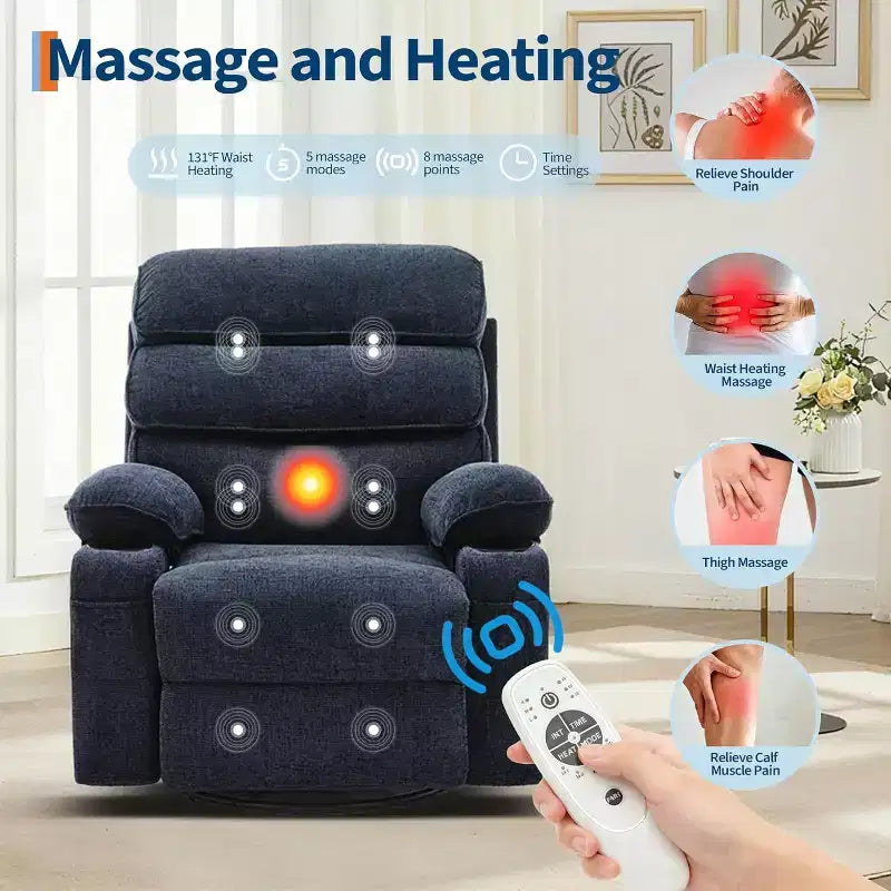 Massage Rocker Recliner with Heating, 360 Swivel Glider Recliner Chairs for Adults, Linen Nursery Chair with Side Pocket, Two Cup Holders