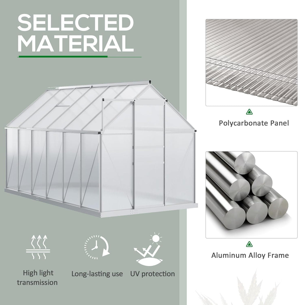 Outsunny Serre de Jardin en Polycarbonate 7,1 m² avec Porte coulissante, Lucarne Ajustable, Fondation Incluse, dim. 1,9L x 3,75l x 1,99 m - Argent et Transparent