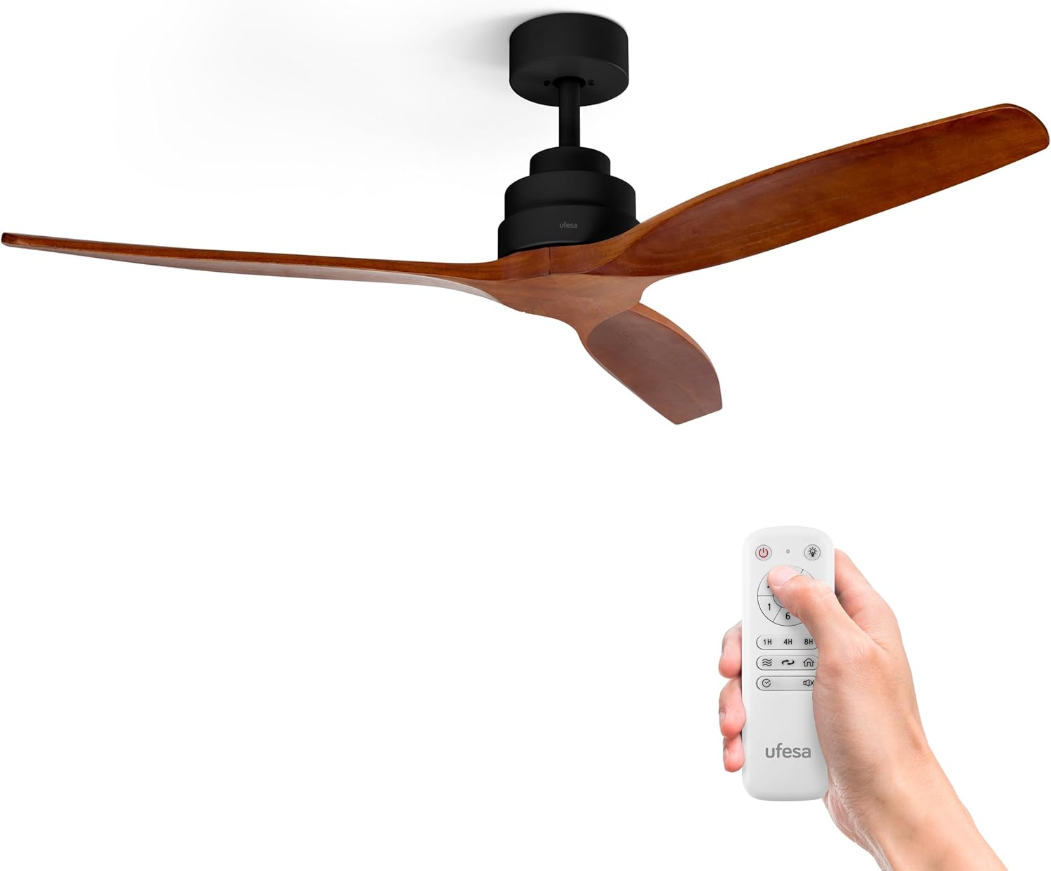 Ufesa Ventilateur de Plafond CFTB, 40W, 6 Vitesses, Ultra Silencieux, 3 Pales en Bois Naturel 132cm, Fonction été - hiver, Minuterie 8h, Télécommande, Noir - Bois Foncé