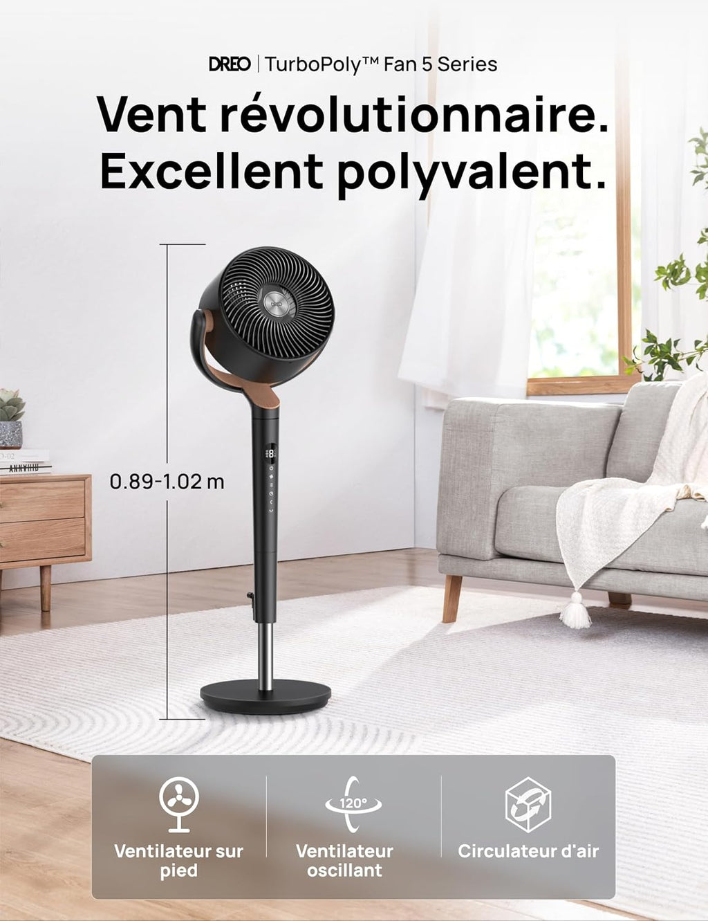 DREO ventilateur sur pied silencieux 20 dB avec oscillation omnidirectionnelle 120°+120°, portée du vent 26 m, débit d’air 1615 m³/h, circulateur Turbo, hauteur réglable 94–107 cm, 3 modes, 8 vitesses