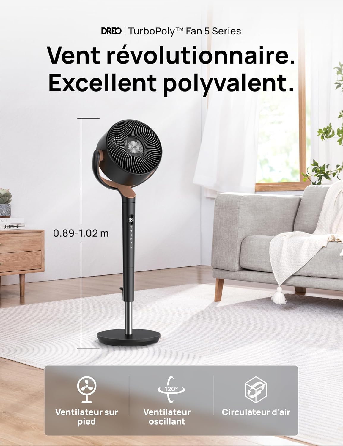 DREO ventilateur sur pied silencieux 20 dB avec oscillation omnidirectionnelle 120°+120°, portée du vent 26 m, débit d’air 1615 m³/h, circulateur Turbo, hauteur réglable 94–107 cm, 3 modes, 8 vitesses