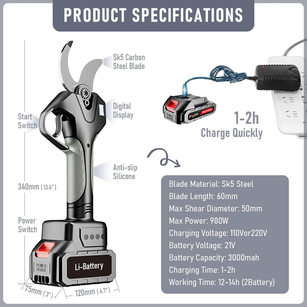Sécateur électrique professionnel sans fil avec perche télescopique 2,1 m, écran LCD, batteries lithium rechargeables (2)