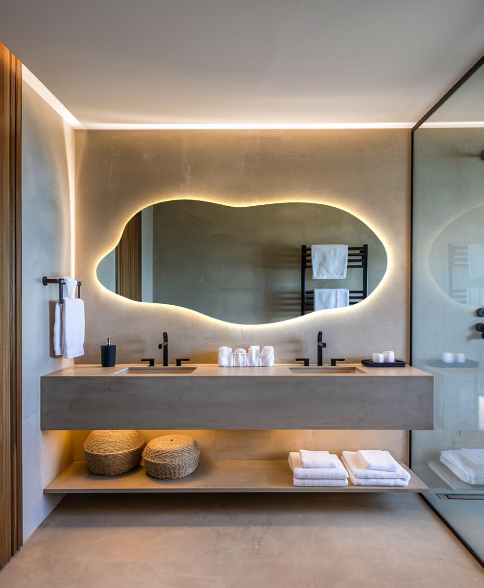 Grand Miroir LED 45x100 cm Blanc Chaud Lumière Chaude Irrégulier Asymétrique Cuisine Miroir Mural sans Cadre Décoration Murale Design Minimalisme Esthétiquement Installation Verticale ou Horizontale