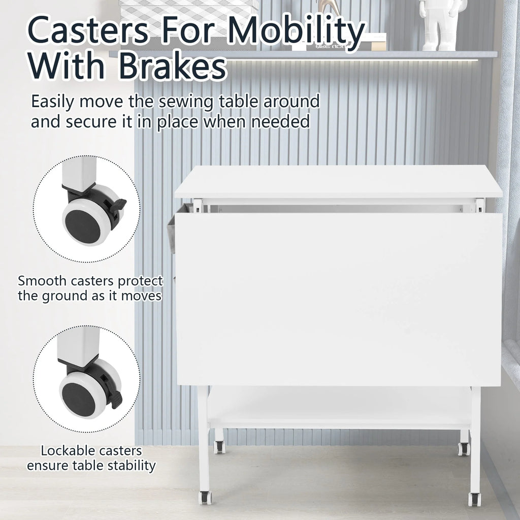 Height Adjustable Craft Table with Storage Shelves, Mobile Folding Cutting Table for Home Office Sewing Room Craft Room