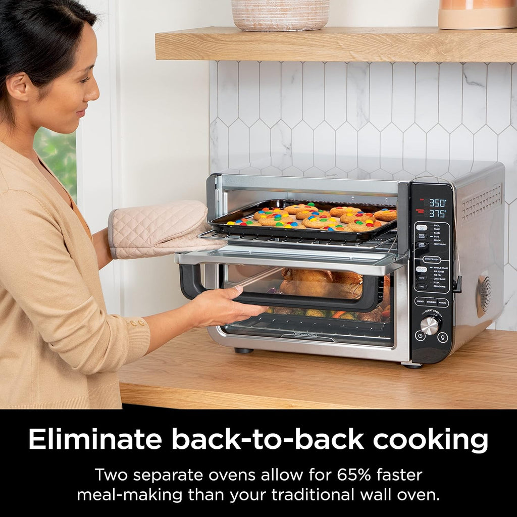Ninja - Four double intelligent 12 en 1 DCT451 avec FlexDoor, thermomètre, FlavorSeal, finition intelligente, convection supérieure rapide et fond frit à l'air, acier inoxydable