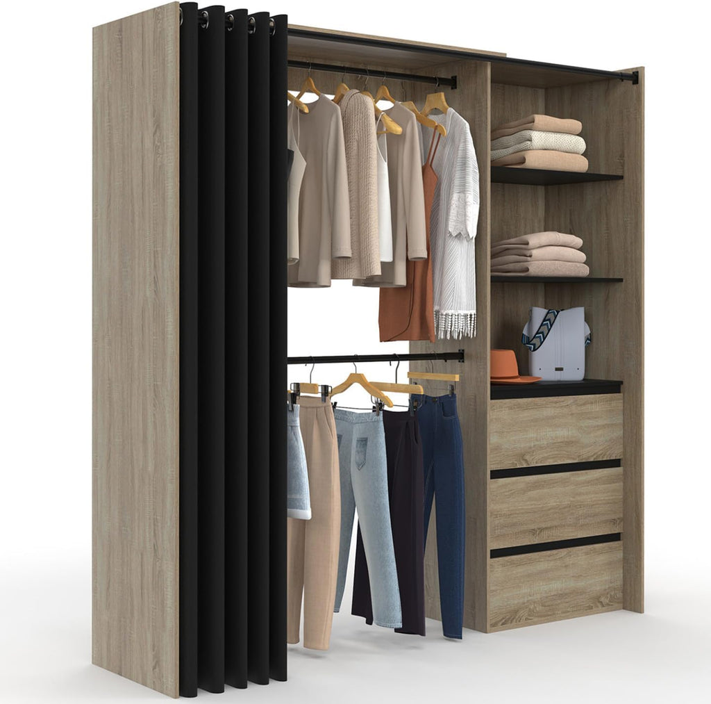 IDMarket - Dressing extensible MARTY 120/170 x 50 x 180 cm hêtre avec 3 tiroirs + étagères + double penderie + rideau noir