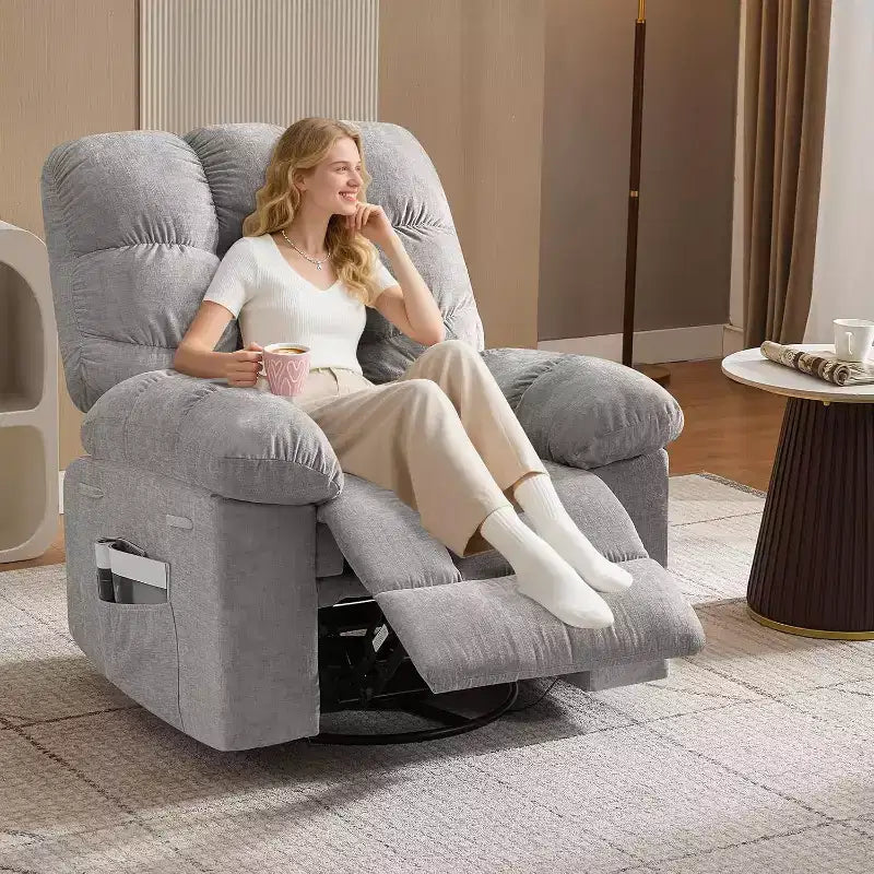 Massage Recliner Chair with Heat - 360 Swivel Rocker, Oversized Single Sofa w/ Vibration, USB & Storage Pockets for Living Room/Bedroom