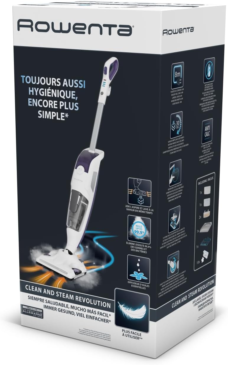 Rowenta Nettoyeur vapeur, Aspire et lave simultanément, Elimine 99,9% des bactéries, Adapté à tous les types de sols, Sans détergent, Diffuseur d'huiles essentielles, Clean&Steam Revolution RY7731WH