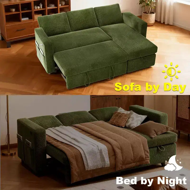 Dyonery 81 Sectional Sleeper Sofa, L-Shaped Pull Out Couch with Reversible Storage Chaise, USB, Reclining Backrest
