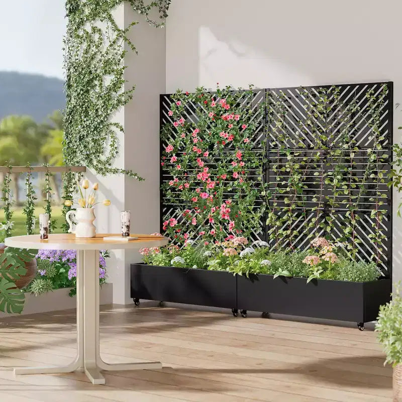 MAYEERTY Planter Box with Trellis Iron Black Parallel Line 01 Louvered Classic Combined Style 72x47x16in 3-Piece Set