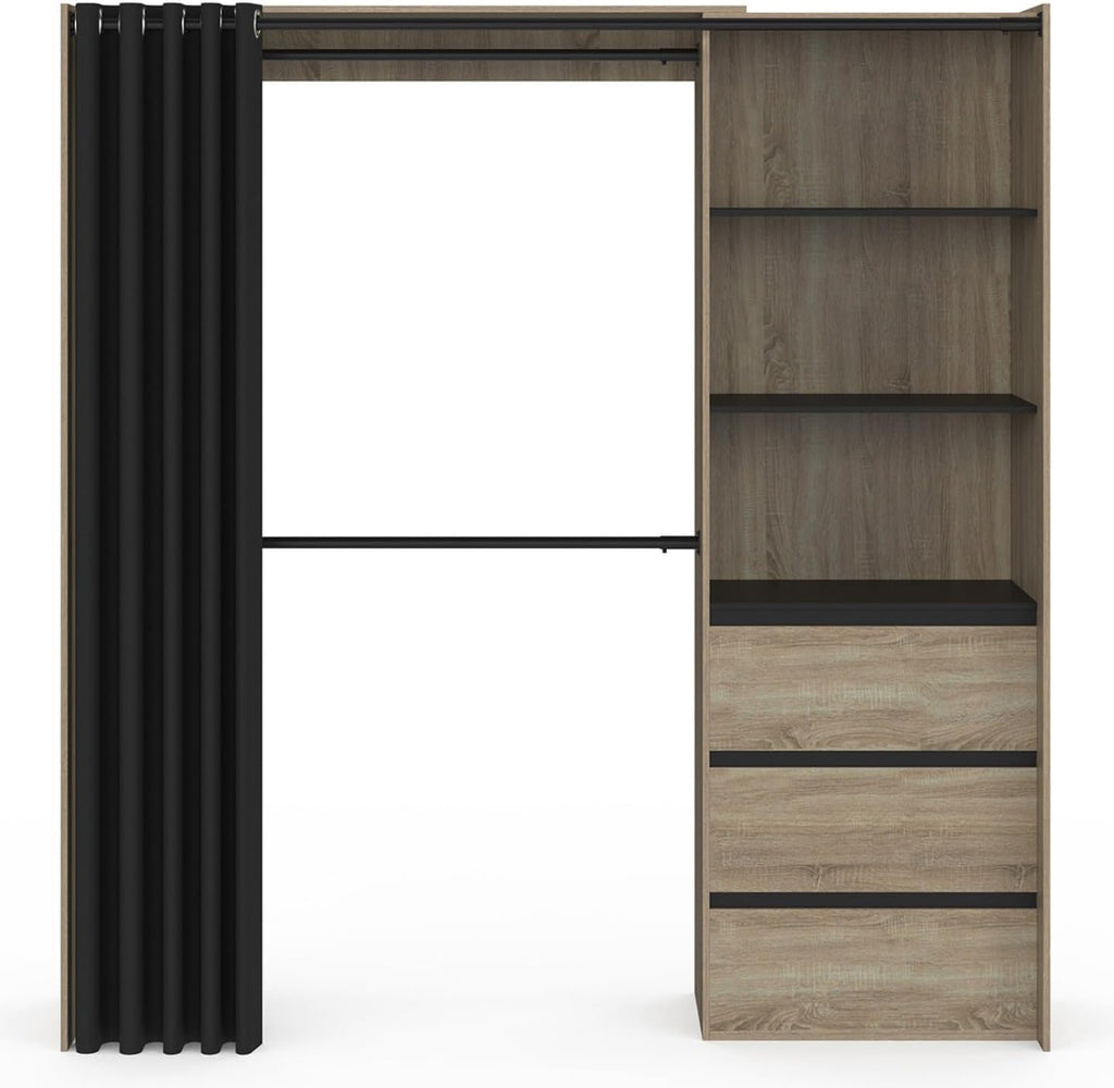 IDMarket - Dressing extensible MARTY 120/170 x 50 x 180 cm hêtre avec 3 tiroirs + étagères + double penderie + rideau noir