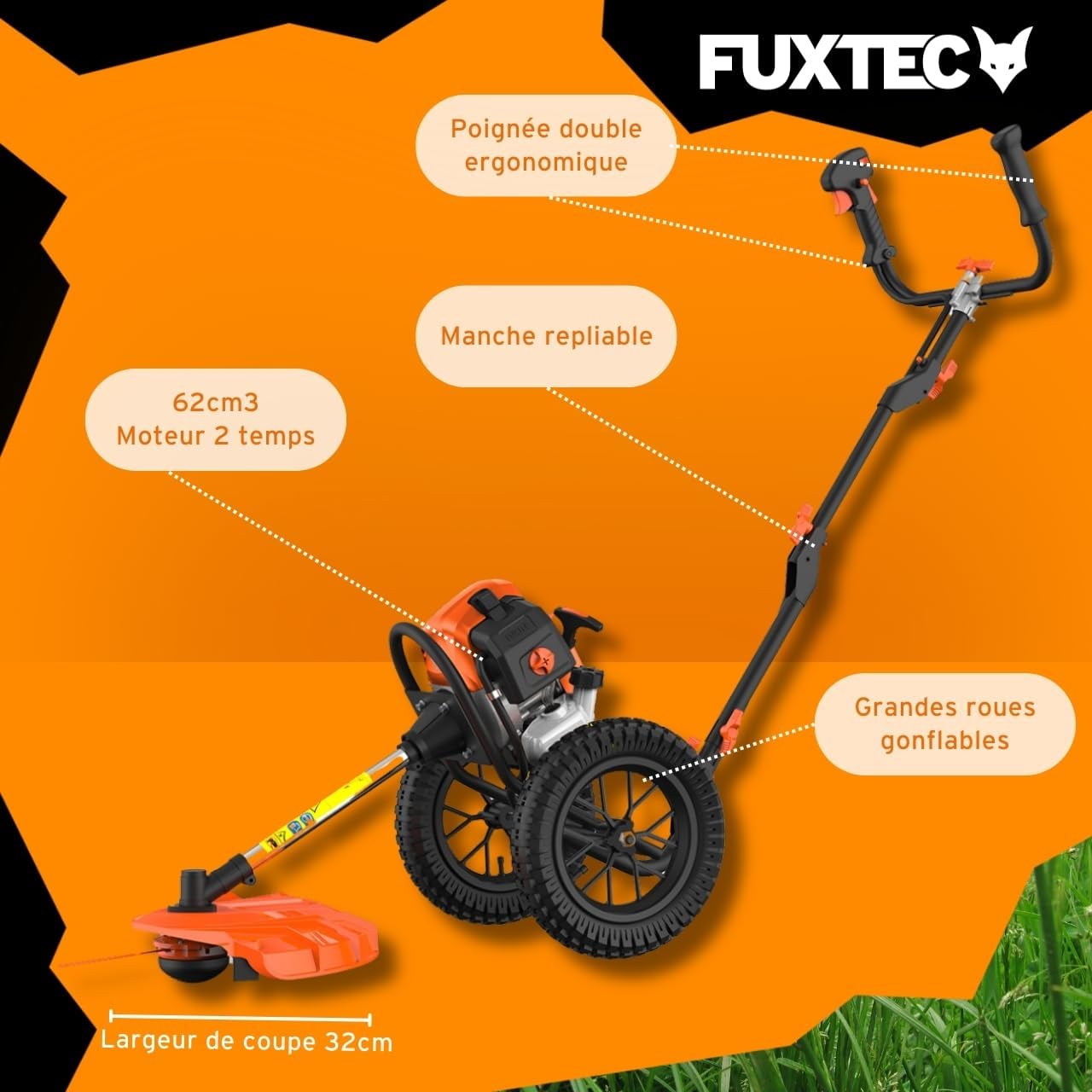 Fuxtec Débroussailleuse Thermique Coupe Bordure à Roues FX-FSR162 62cm3 Bobine de Fil, Ultra Maniable, Spécialement Conçue pour Les Grands Terrains et Protéger Votre Dos