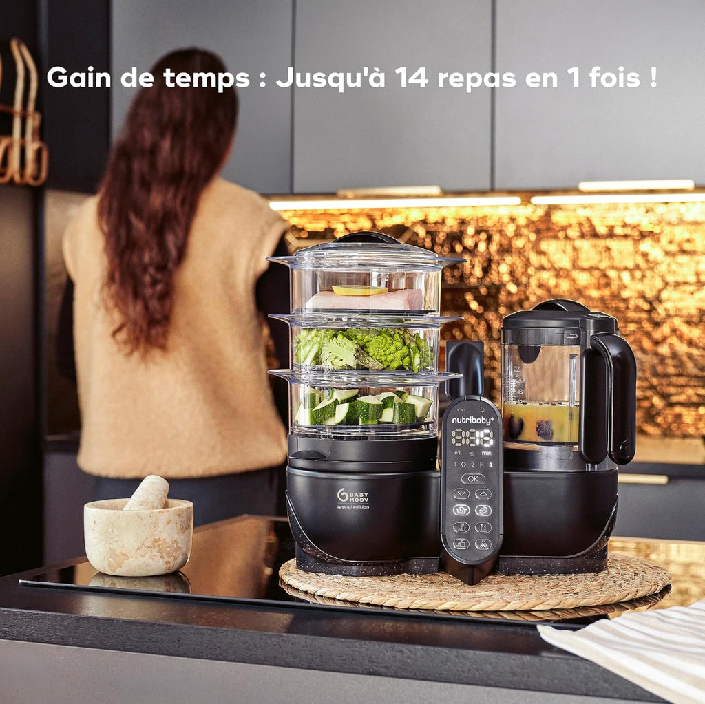 Babymoov Robot Cuiseur Bébé Nutribaby(+) XL - Grande Capacité 2,9L - Jusqu'à 14 Repas en 1 Cycle - 6 Fonctions en 1-2 Paniers Vapeur - Diversification Alimentaire - Mixeur Cuiseur Bébé, Noir