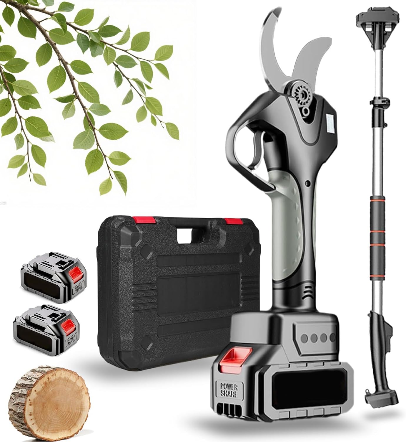 Sécateur électrique professionnel sans fil avec perche télescopique 2,1 m, écran LCD, batteries lithium rechargeables (2)