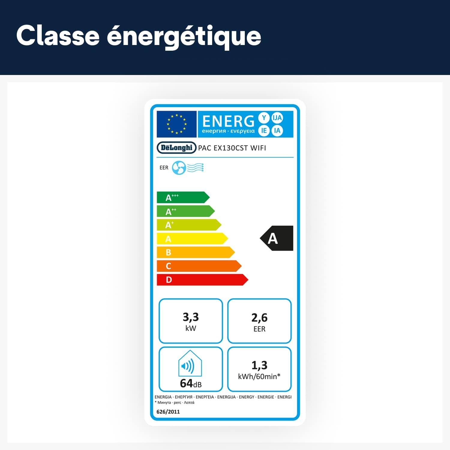DELONGHI Pinguino PAC EX130 CST Climatiseur mobile WiFi avec fonction de déshumidification, version Pro jusqu'à 120 m³ Blanc