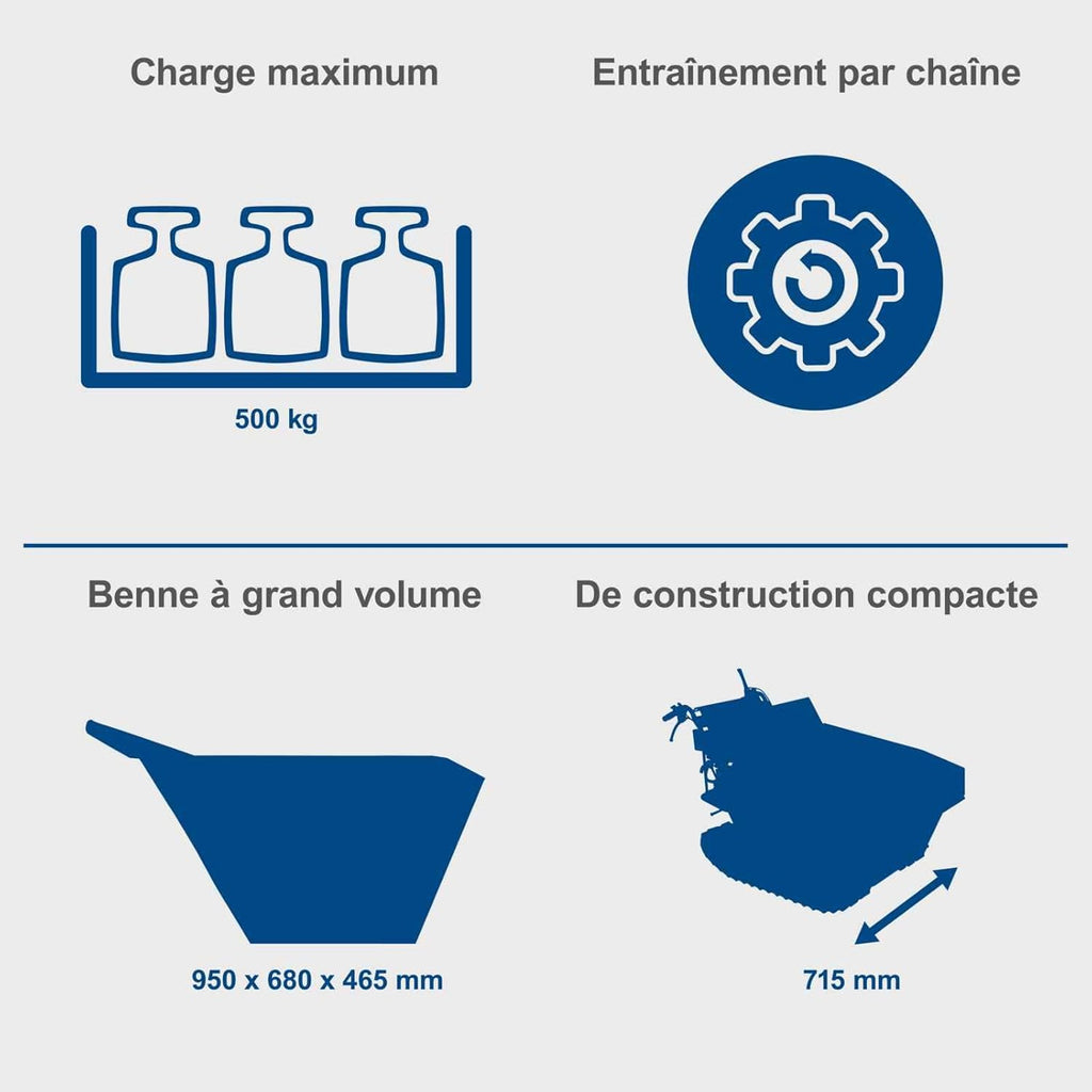 Scheppach Dumper - Benne motorisée Thermique sur chenilles DP5000 | Charge maximale de 500kg | 5,5 CV | Moteur 4T de 196cm3 | 3X Marche Avant / 1x Marche arrière | Benne basculante | Brouette