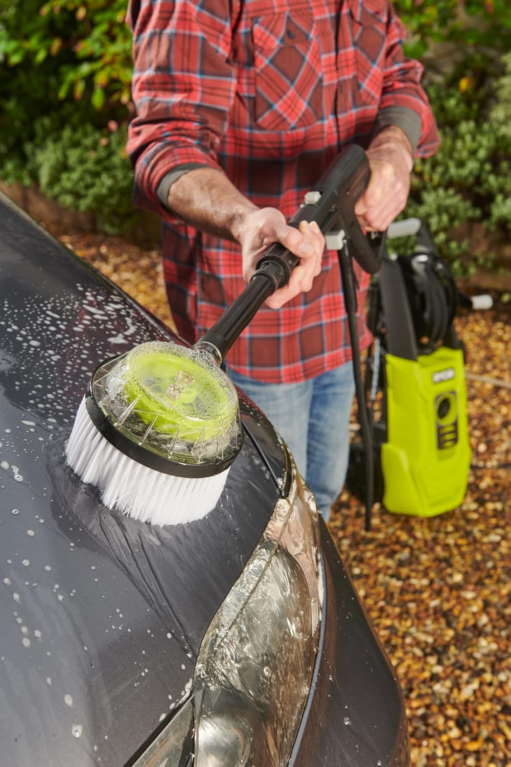 RYOBI nettoyeur haute pression 2000 W, 150 bars, débit 450 L/h, flexible 8 m avec enrouleur, réservoir détergent intégré, lance vario et turbo, brosse rotative, modèle RY150PWA