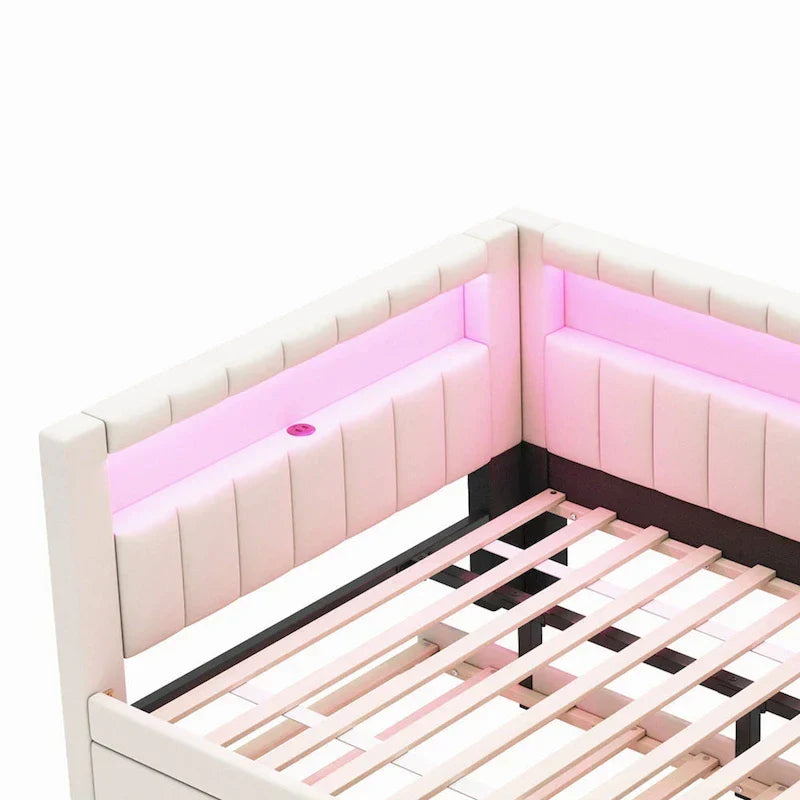 Upholstered Platform Bed with USB Ports & LED Lighting - Full/Twin Size Bed Frame with 2 Storage Drawers - Modern Bedroom