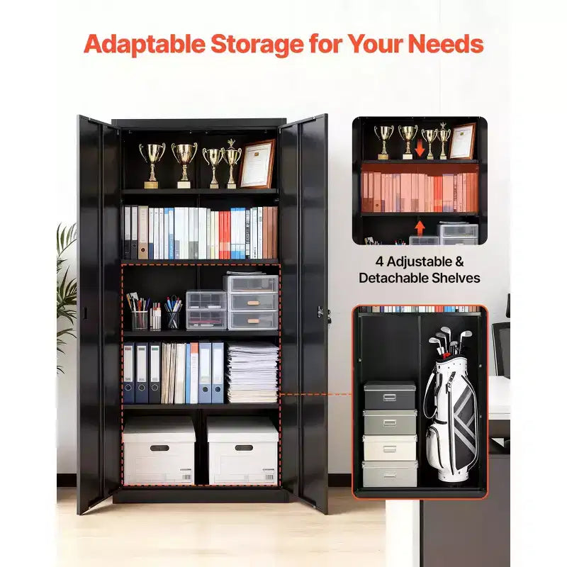 VEVOR Metal Storage Cabinet, 68.9 in Lockable Steel Garage Cabinet with 4 Adjustable Shelves, 2 Magnetic Doors, 2 Keys, 5 Tiers Tool Storage, Black
