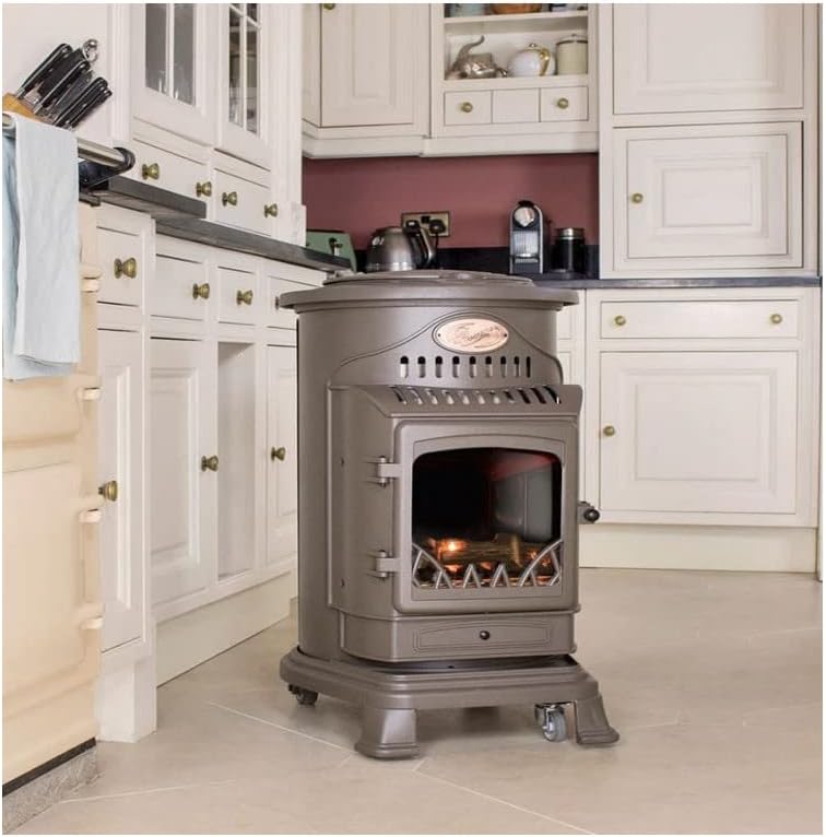Chauffage d'appoint gaz Provence 3,4 KW Marron miel Effet poêle à bois Fonte Tuyau gaz vissable 1.5 m + detendeur butane