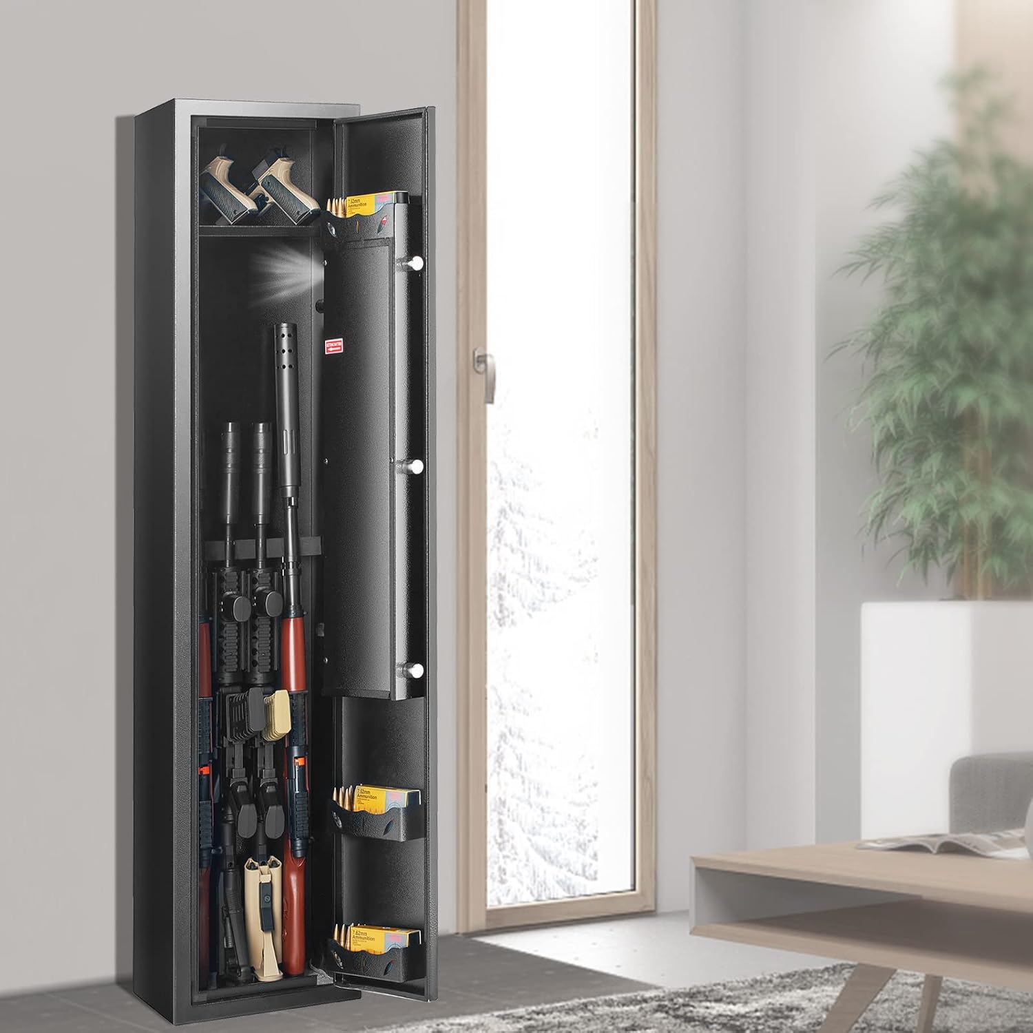 VEVOR Armoire à 5 Fusils 4 Pistolets en Acier Coffre-Fort pour Armes à Feu 2 Façons de Verrouillage Empreinte Digitale et Clé Anti-Effraction Alarme Antivol et Mode Silencieux Domicile 28x30x138 cm