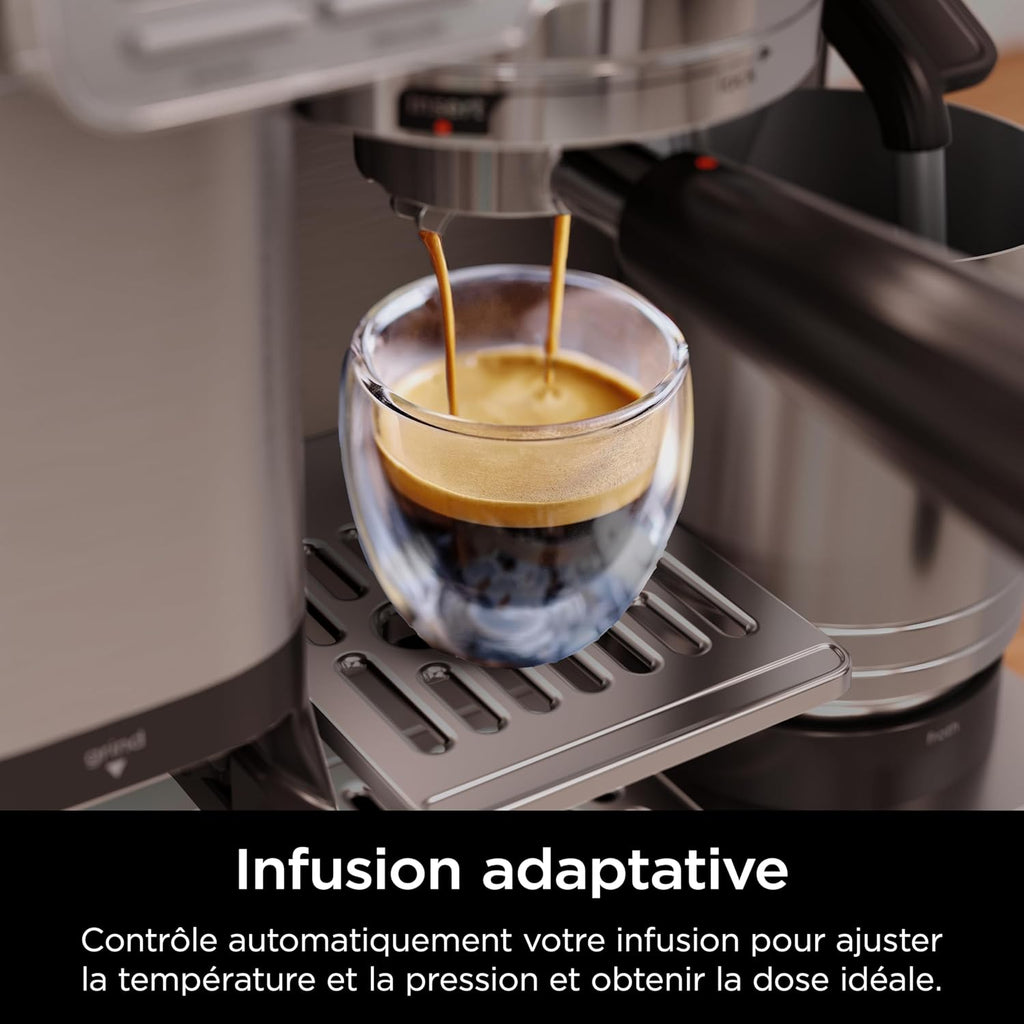 NINJA Machine à café Luxe Essential 2-en-1, Latte, Cappuccino et Espresso avec broyeur à grains et mousseur à lait intégrés, facile à utiliser, 2 préréglages mousse, argent, ES501EU