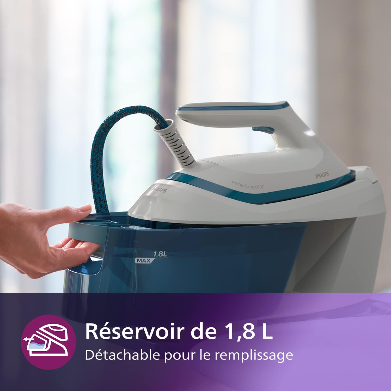 Philips PerfectCare 6000 Series Générateur De Vapeur - 2400 W, Effet Pressing jusqu'à 500 g, Pression De 6,5 bars, Technologie OptimalTEMP, Réservoir De 1,8 l, Blanc/Bleu (PSG6022/20)