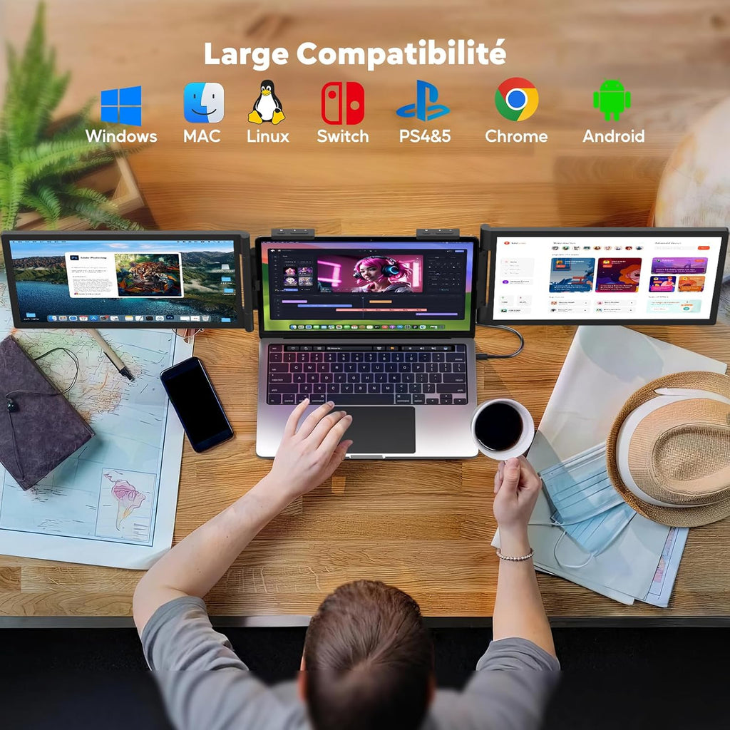 Moniteur pour Ordinateur Portable 14 "FHD 1080P IPS, Triple Écran Portatif USB C, Extension Écran pour Ordinateur Portable 14"-16" Compatible avec Mac, Windows, Chrome, Switch, PS45