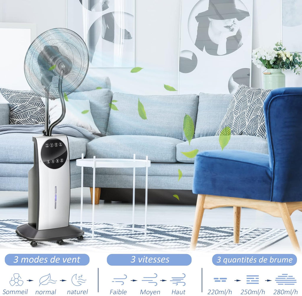 HOMCOM Ventilateur brumisateur silencieux 90 W, ventilateur sur pied 135 cm avec 3 modes 3 vitesses, télécommande, minuterie 12H, oscillation à 70°, écran LED, réservoir d'eau de 3,1L, gris et noir